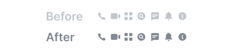 Icons showing the difference from before and after we made them darker grey to make key interactions easier for everyone