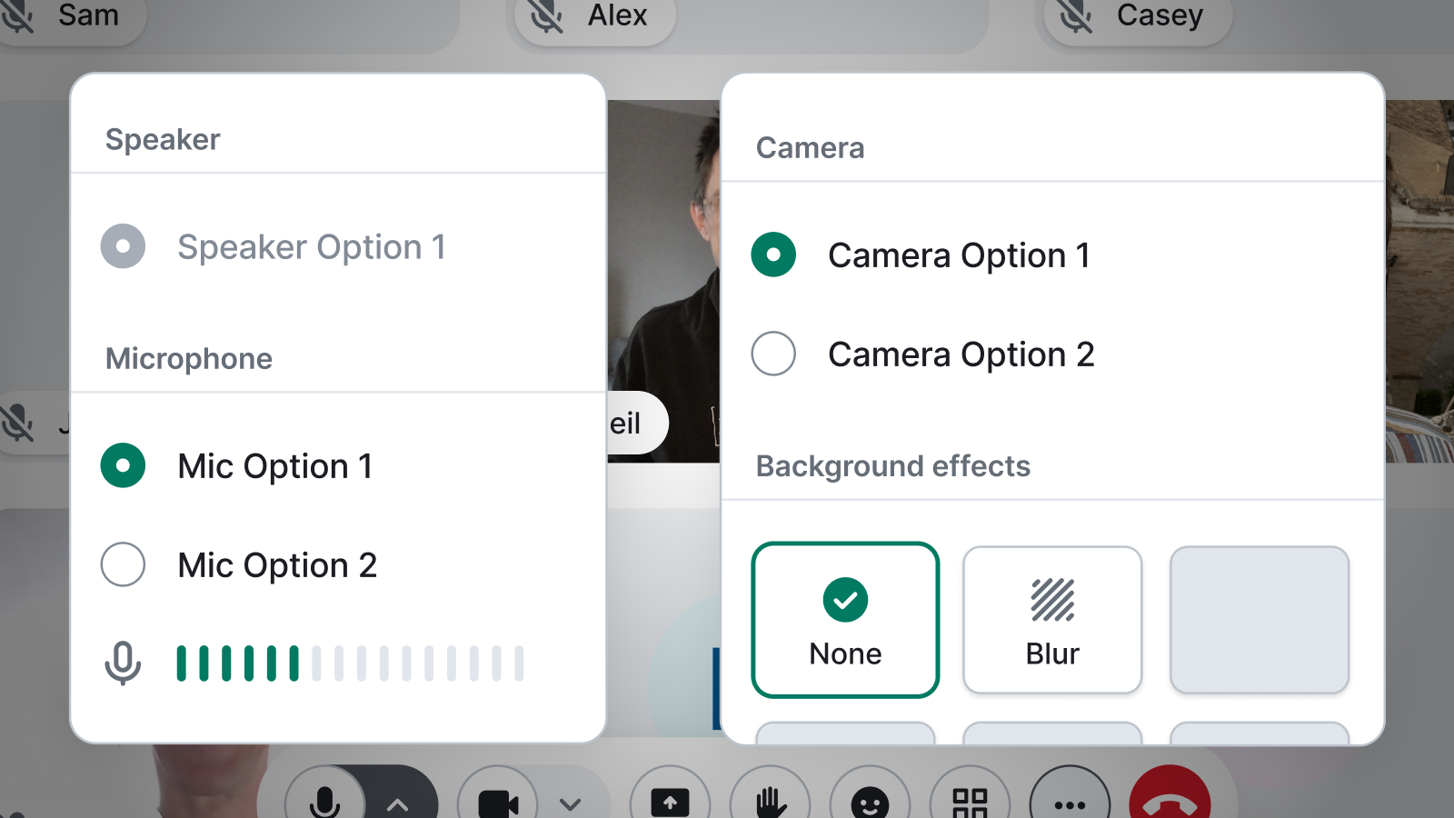 Audio levels and background replacement settings