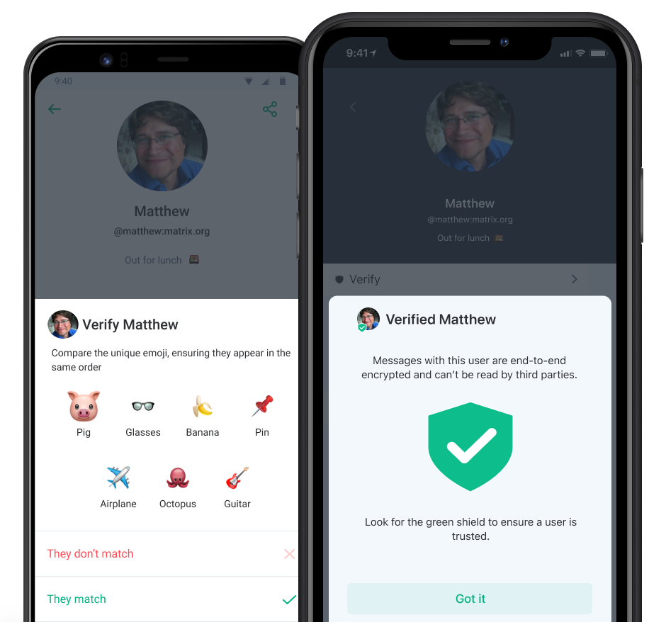 Cross-signed device verification example, where two devices display unique emoji.