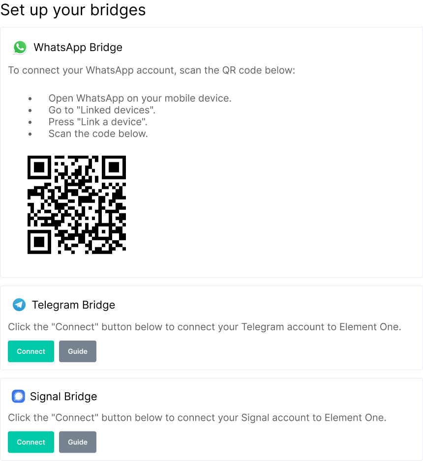 An example of how bridges are set up in Element One, connecting accounts via QR code.