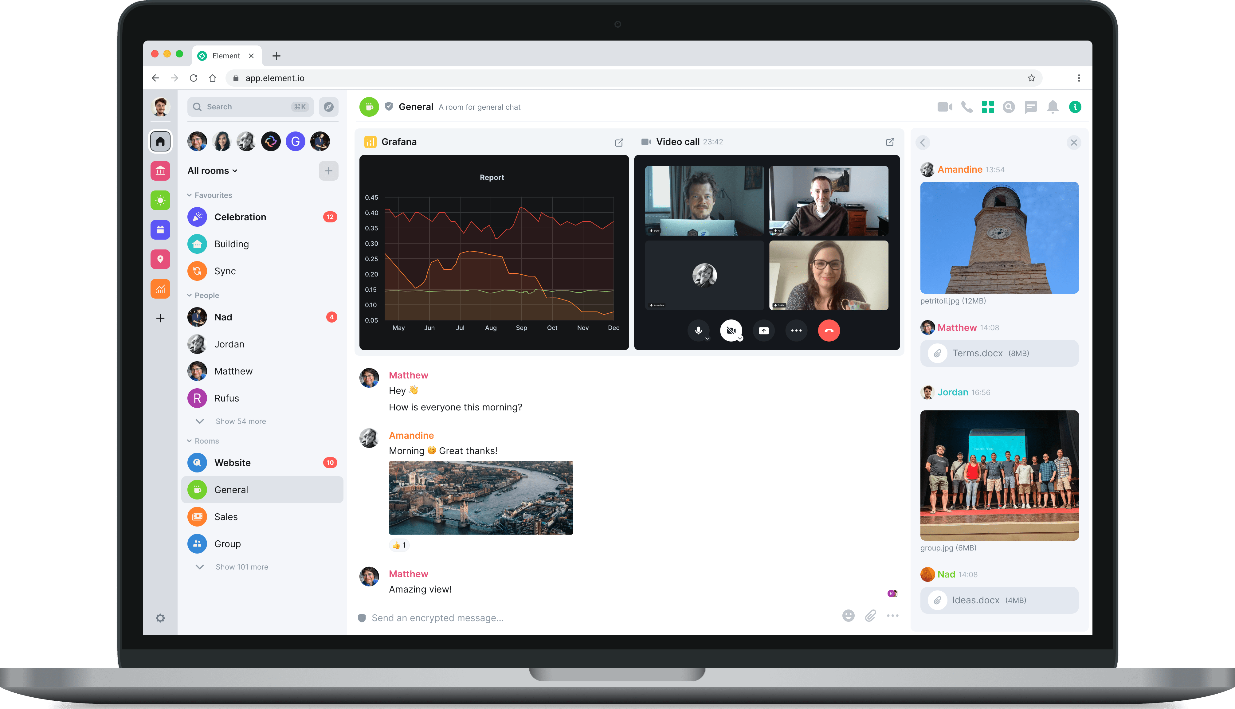 An image of Element desktop showing chat rooms, video calls, in-room data, widgets and collaboration.
