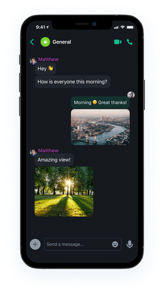 An image of the Element mobile app (dark mode) showing chat rooms, video calls, in-room data, widgets and collaboration.