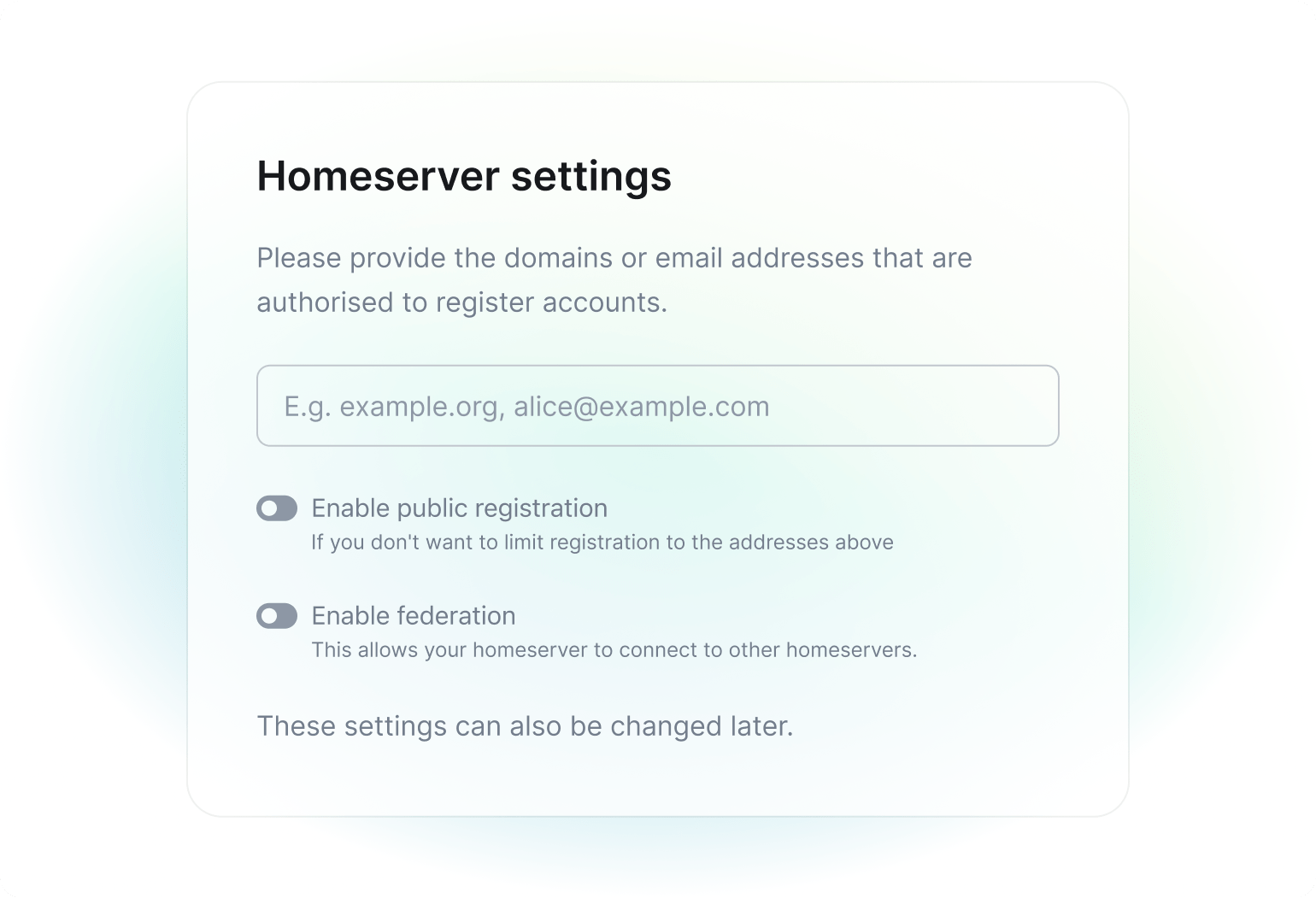 Homeserver settings such as authorised accounts, public registration and federation.