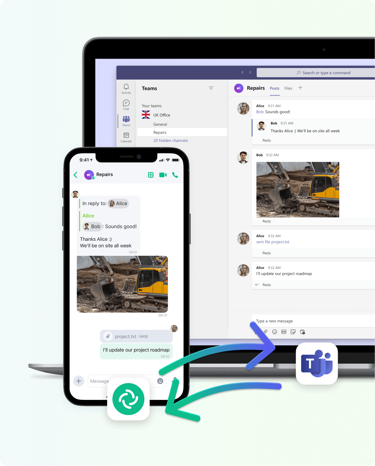 An image depicting the element messaging app on mobile for those on the frontline, communicating with those using teams at the office or at home.