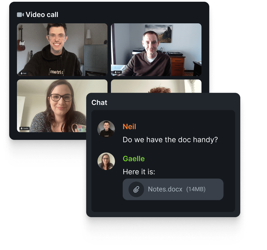An image showing users collaborating in real-time with a video call and chat.